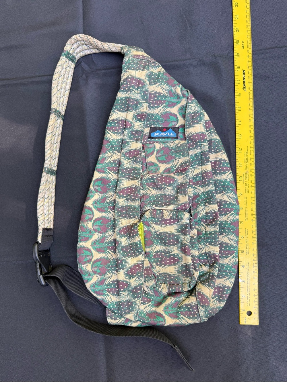KAVU Rope Sling Bag Feather Print Teal Purple Crossbody Backpack